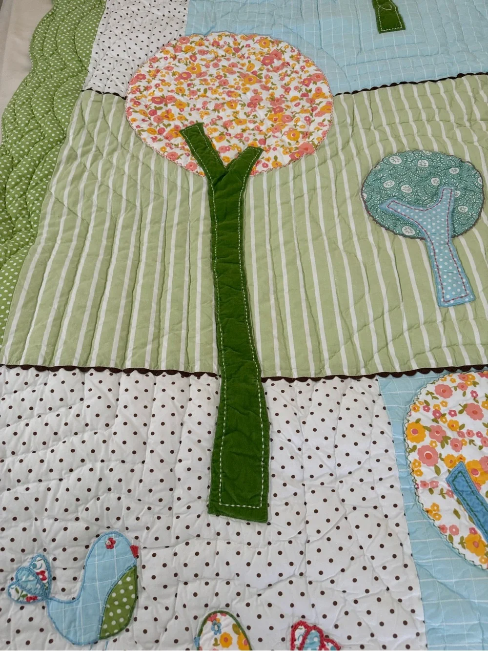 Retired Pottery Barn Kids Twin Brooke Patchwork Tree Quilt in Green, Blue & Pink